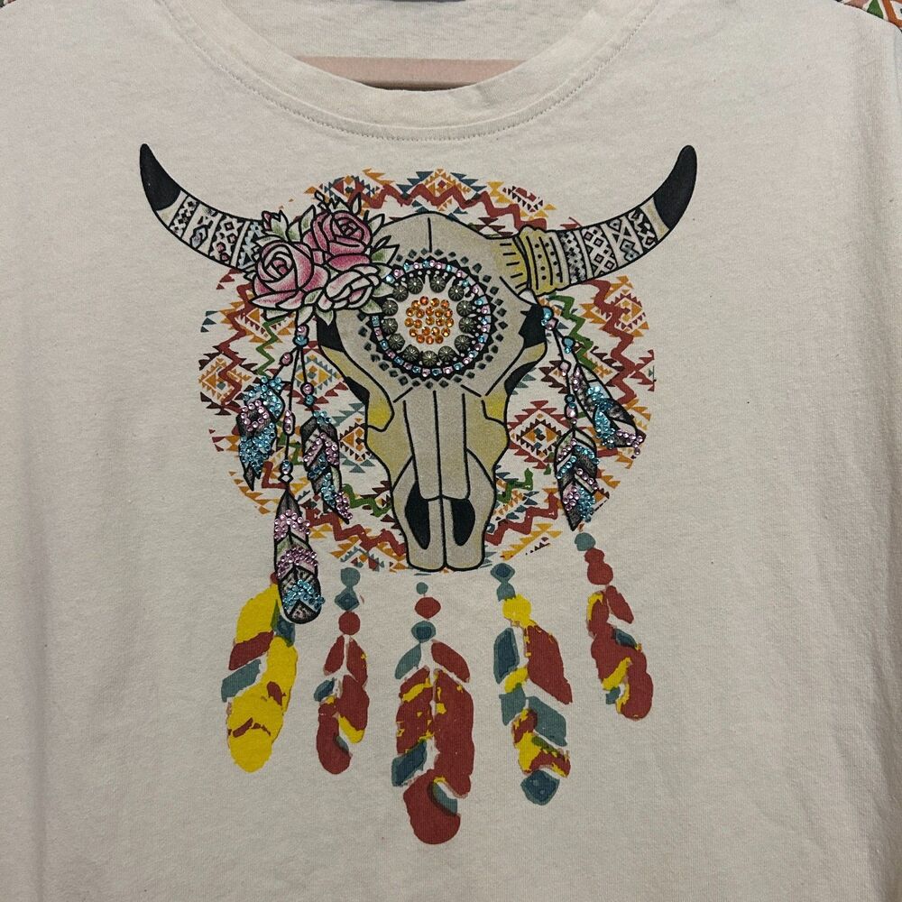 American Bling T-Shirt Women 2XL XXL Cream Embellished Dreamcatcher Southwestern - Picture 4 of 7